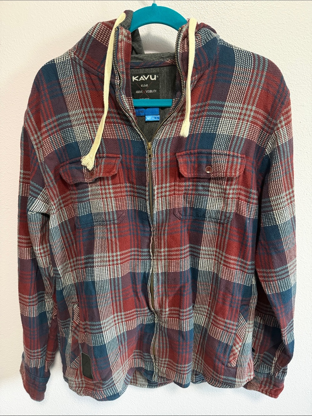 Kavu Red, Blue & Cream Plaid Hooded Zip Jacket